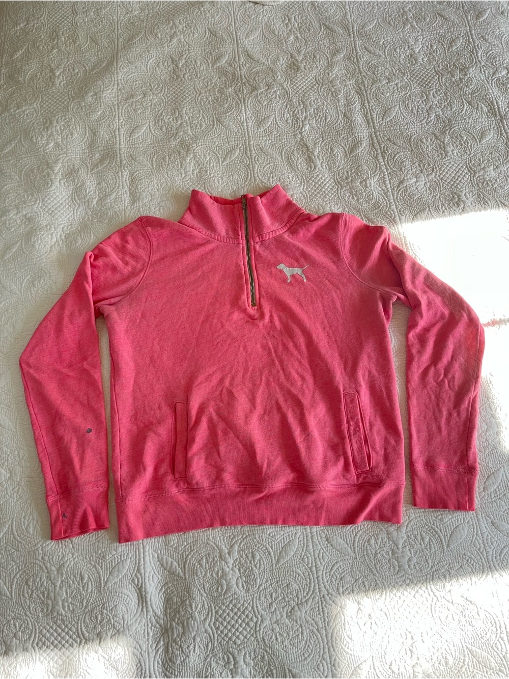 Victoria Secret PINK Quarter-Zip Pullover with Dog Logo - Women’s Small - Stains